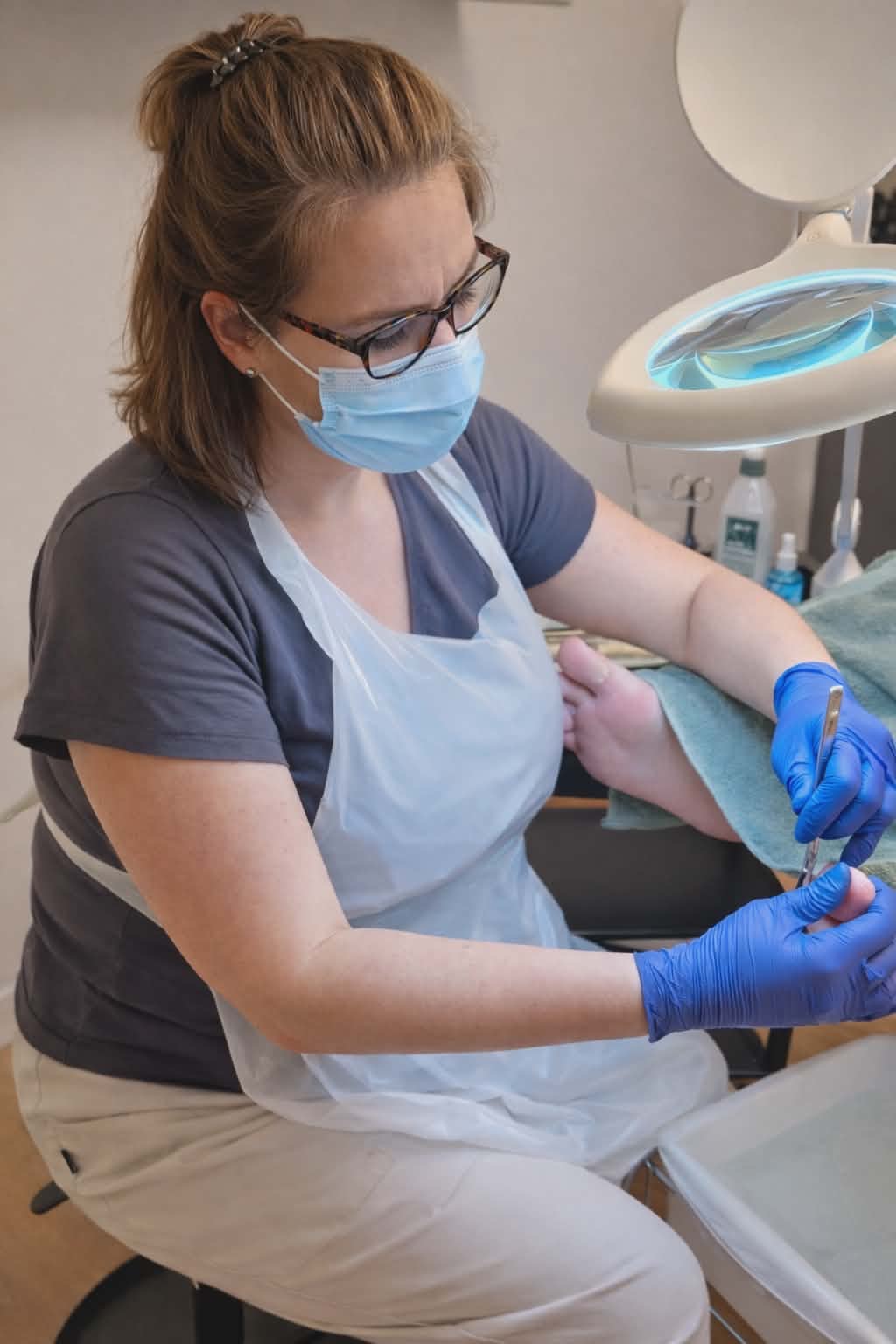 Marie utför fotvårdsbehandling